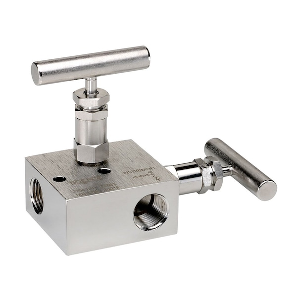 2 Valve Manifold, Hard Seat, 1/2 NPT Female x 1/2 NPT Female, Right Vent, 316 SS, PTFE Packing